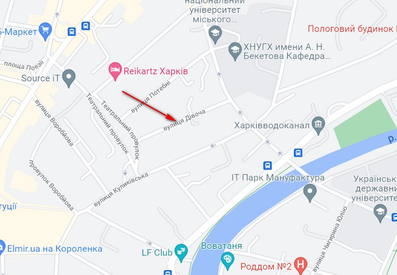 Улица Девичья на карте Харькова