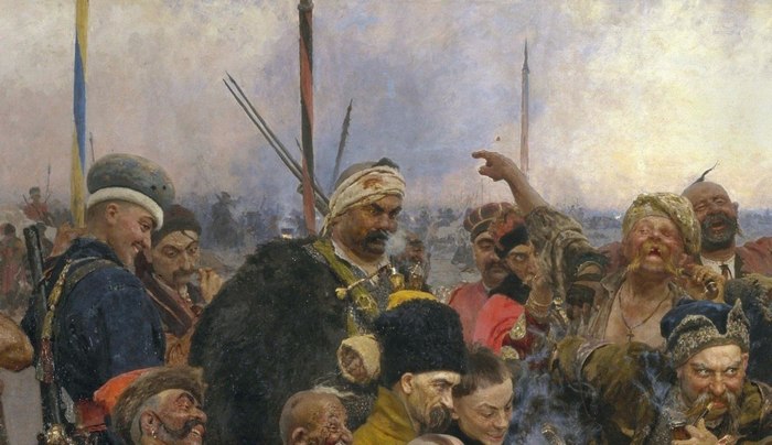  На картині "Запорожці пишуть листа турецькому султану" (1891 р.) над головами козаків Ілля Рєпін приховав на списах жовто-блакитні та червоно-чорні прапори.